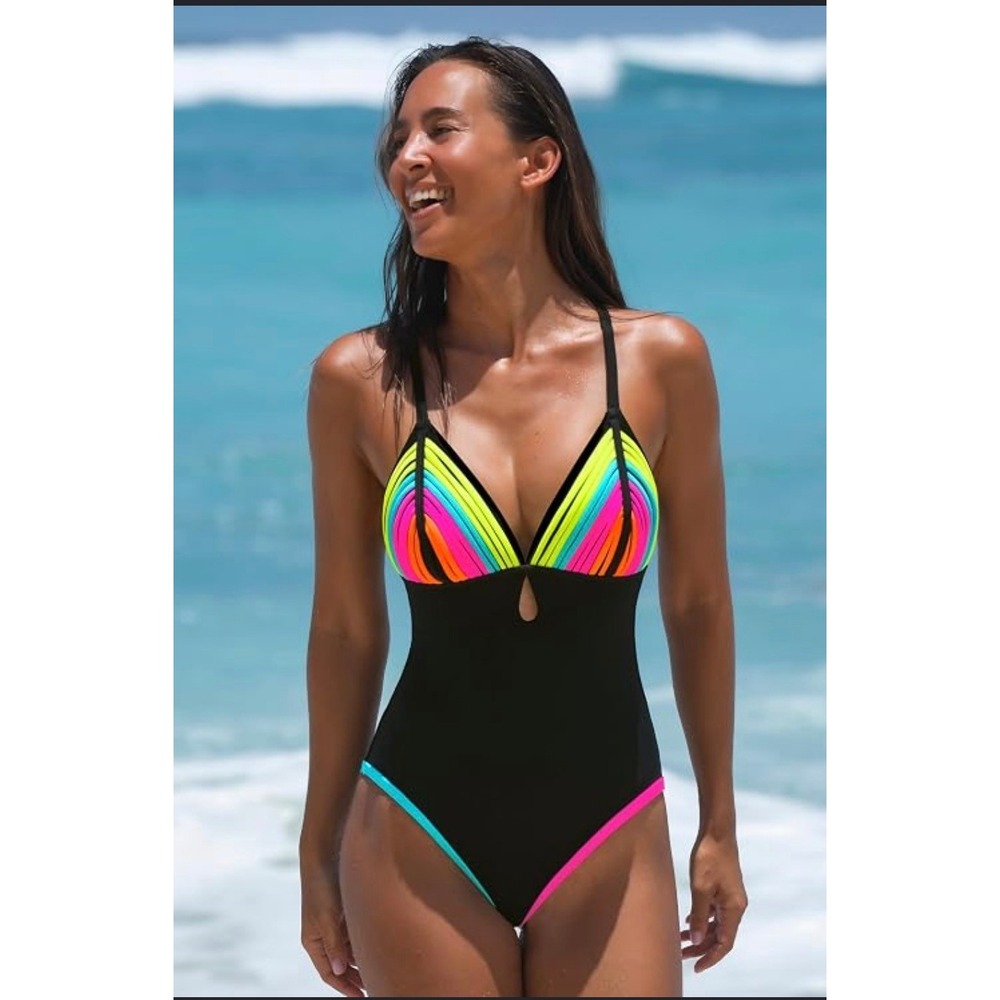 Popvil Womens XL Black Neon Rainbow Strappy One Piece Swimsuit New With Tags